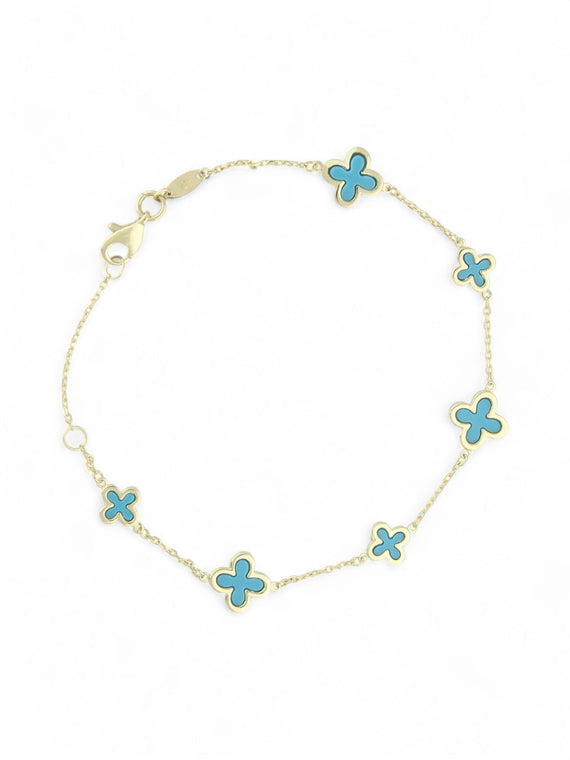 Turquoise Six Flower Bracelet in 9ct Yellow Gold
