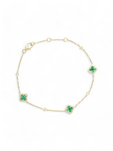 Emerald & Diamond Three Flower Halo Bracelet in 18ct Yellow Gold