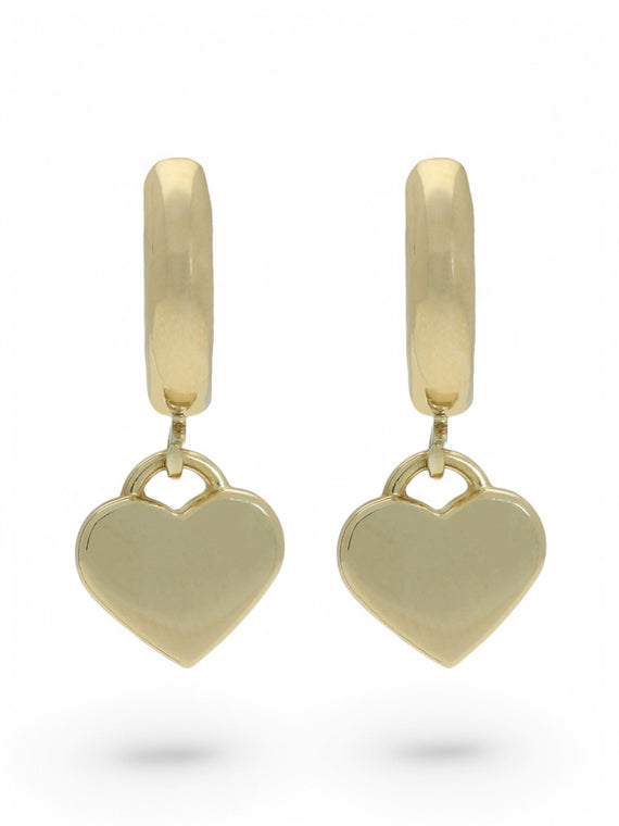 Polished Huggie Hoop Earrings with Heart Drop in 9ct Yellow Gold