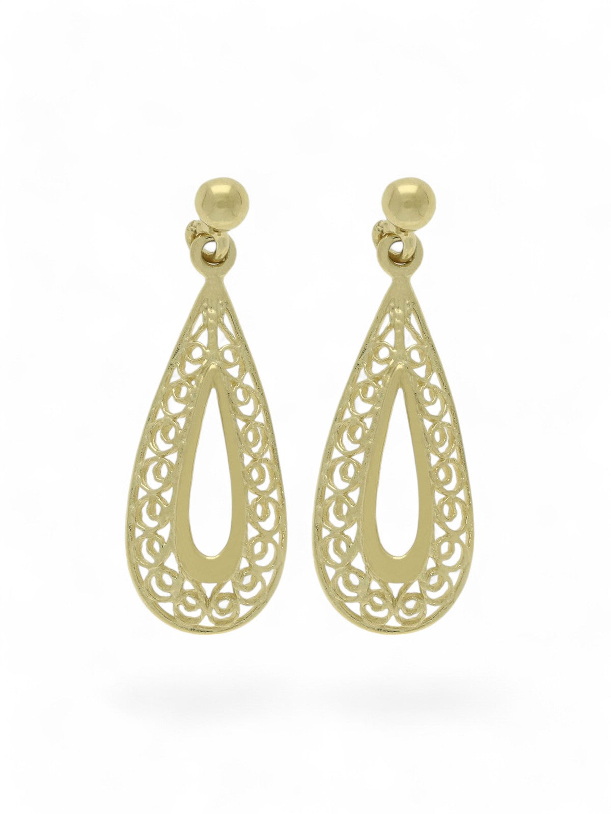 Open Filigree Pear Shaped Drop Earrings in 9ct Yellow Gold