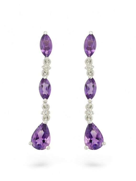 Amethyst & Diamond Marquise Drop Earrings in 9ct White Gold