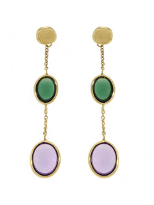 Amethyst & Green Tourmaline Satin Disc Drop Earrings in 9ct Yellow Gold