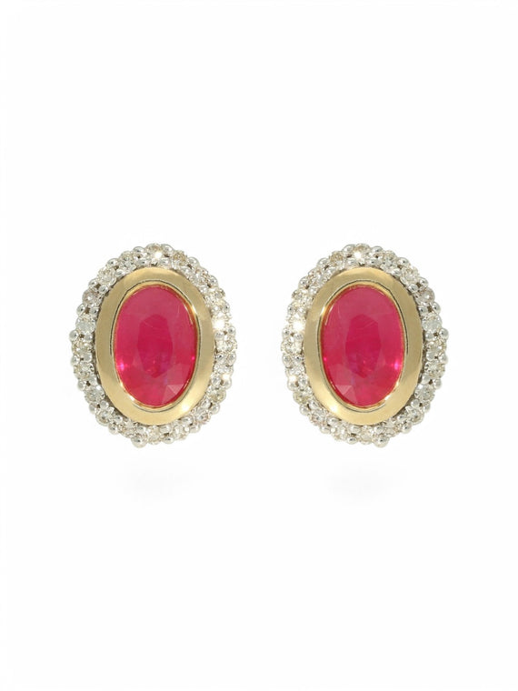 Ruby & Diamond Oval Halo Stud Earrings in 9ct Yellow Gold