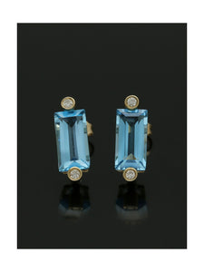 Diamond & Blue Topaz Baguette Stud Earrings in 9ct Yellow Gold