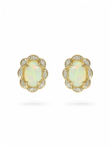 Opal & Diamond Oval Fancy Halo Stud Earrings in 9ct Yellow Gold