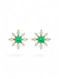 Emerald & Diamond Snowflake Stud Earrings in 9ct Yellow Gold