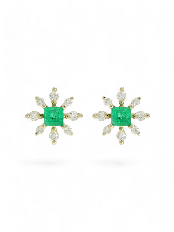 Emerald & Diamond Snowflake Stud Earrings in 9ct Yellow Gold