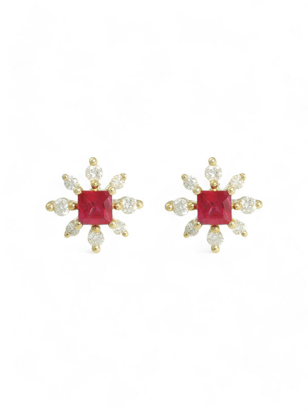 Ruby & Diamond Snowflake Stud Earrings in 9ct Yellow Gold