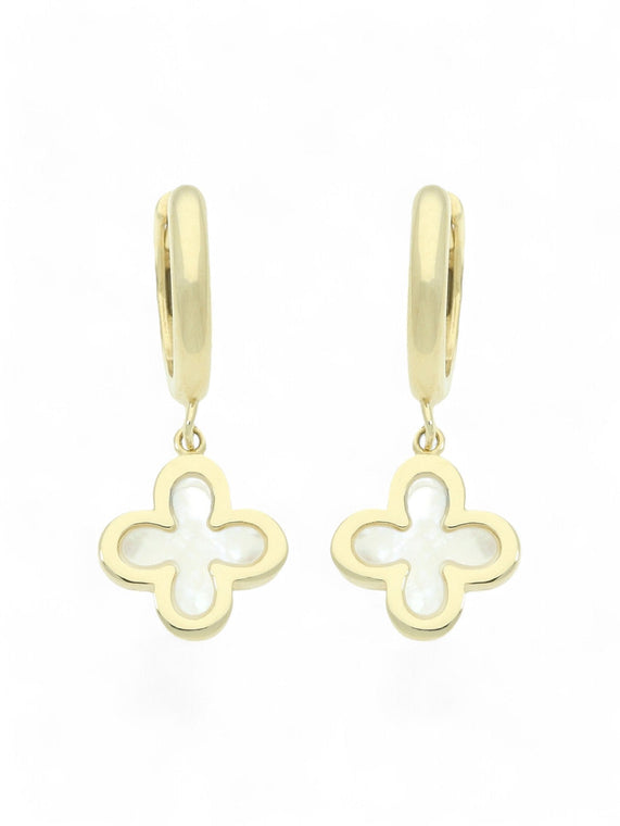 Mother of Pearl Flower Motif Drop Earrings in 9ct Yellow Gold