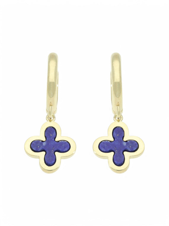 Lapis Flower Motif Drop Earrings in 9ct Yellow Gold