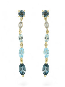 Blue Topaz & Diamond Mixed Cut Drop Earrings in 9ct Yellow Gold