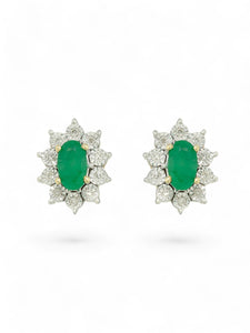 Emerald & Diamond Oval Cluster Stud Earrings in 9ct Yellow Gold