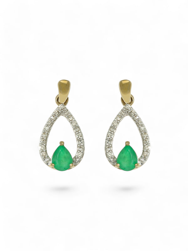 Emerald & Diamond Pear Drop Earrings in 9ct Yellow Gold