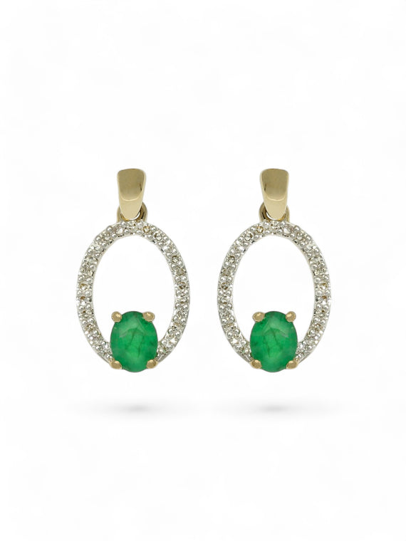 Emerald & Diamond Oval Drop Earrings in 9ct Yellow Gold