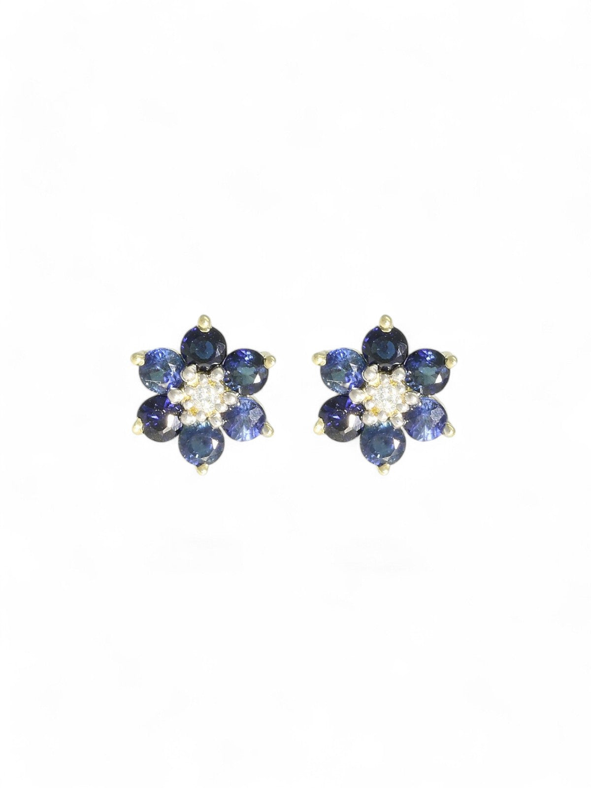 Sapphire & Diamond Flower Cluster Stud Earrings in 9ct Yellow Gold