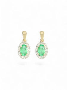 Emerald & Diamond Oval Drop Earrings in 9ct Yellow Gold