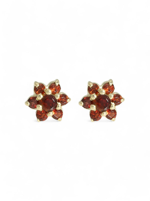 Garnet Flower Cluster Stud Earrings in 9ct Yellow Gold