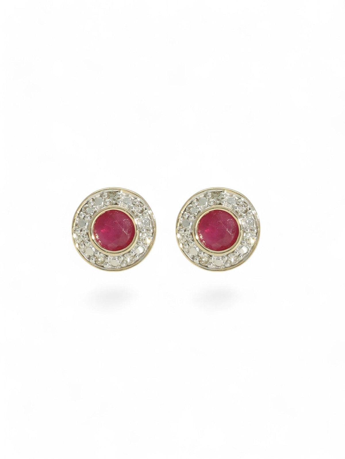 Ruby & Diamond Round Halo Stud Earrings in 9ct Yellow & White Gold