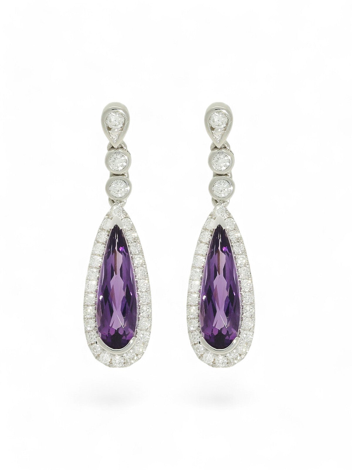 Amethyst & Diamond Pear Drop Earrings in 9ct White Gold