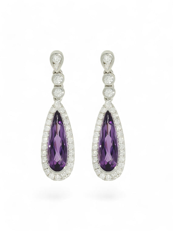 Amethyst & Diamond Pear Drop Earrings in 9ct White Gold