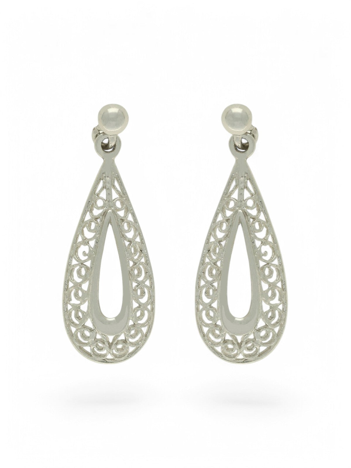 Open Filigree Pear Shaped Drop Earrings in 9ct White Gold