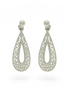 Open Filigree Pear Shaped Drop Earrings in 9ct White Gold