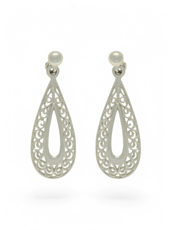 Open Filigree Pear Shaped Drop Earrings in 9ct White Gold