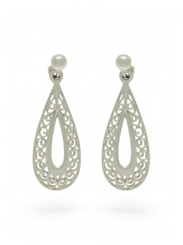 Open Filigree Pear Shaped Drop Earrings in 9ct White Gold