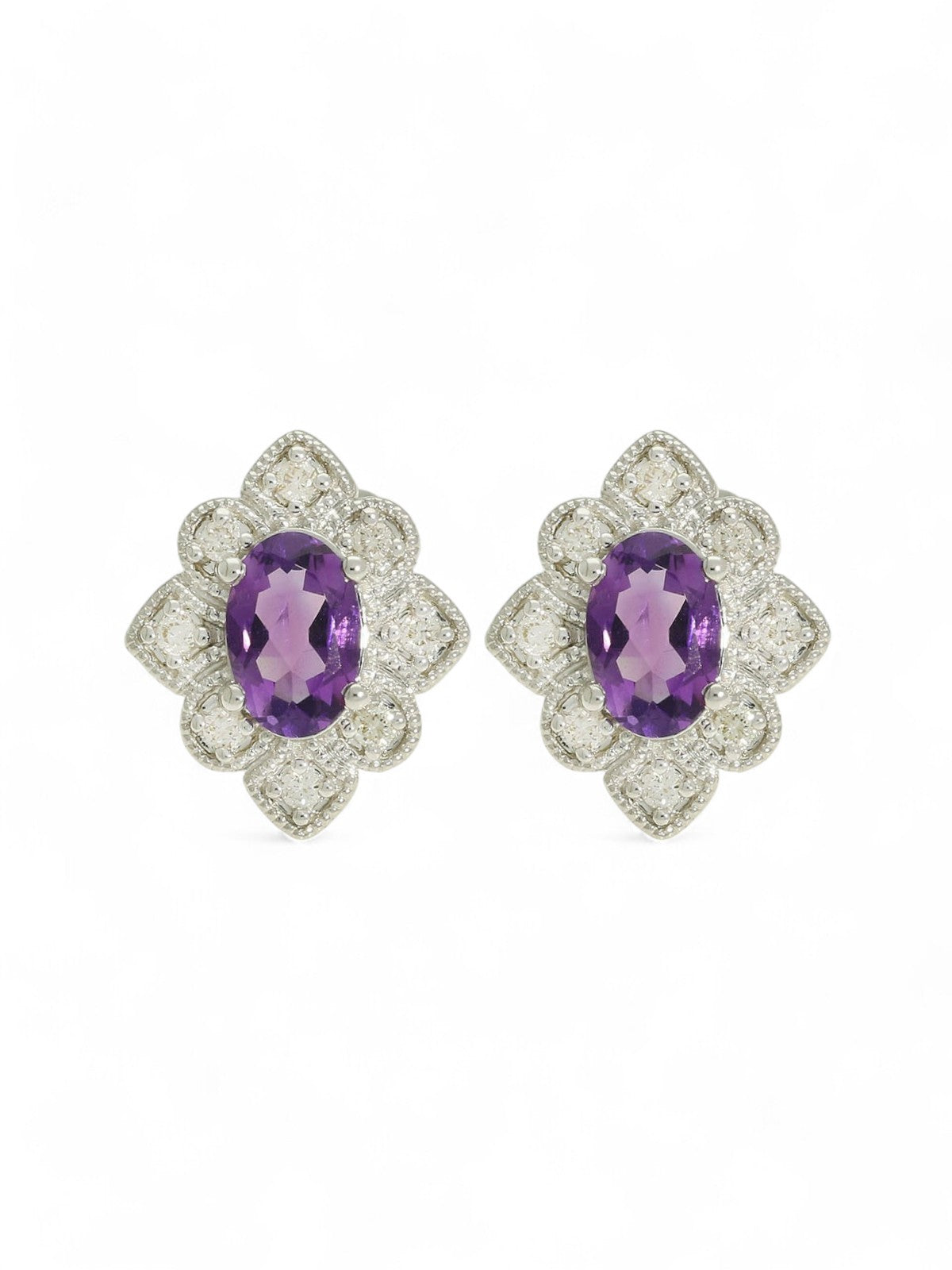 Amethyst & Diamond Floral Stud Earrings in 9ct White Gold