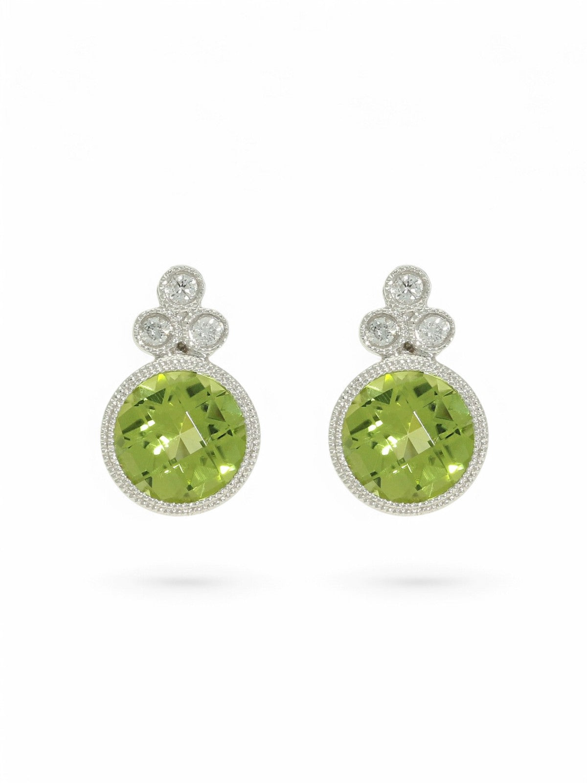 Peridot & Diamond Round Brilliant Stud Earrings in 9ct White Gold