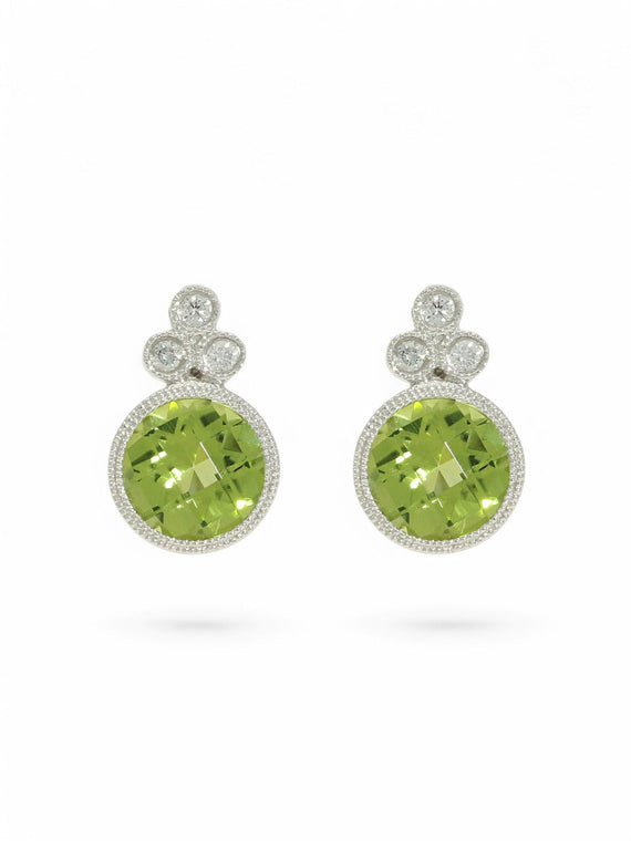 Peridot & Diamond Round Brilliant Stud Earrings in 9ct White Gold