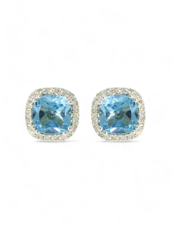 Blue Topaz & Diamond Cushion Stud Earrings in 9ct White Gold