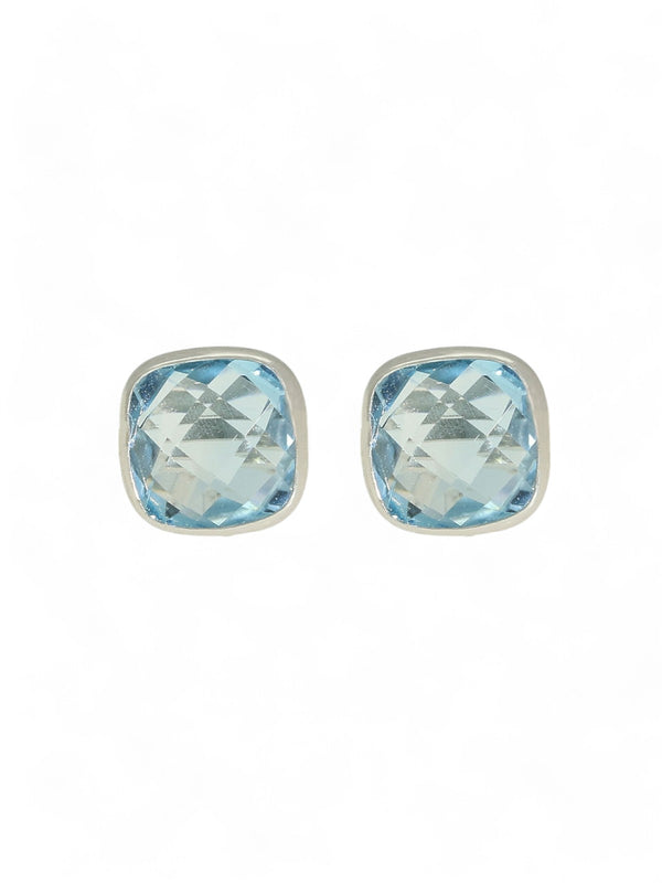 Blue Topaz Cushion Cut Stud Earrings in 9ct White Gold