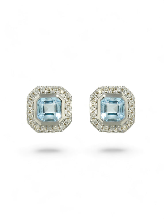 Blue Topaz & Diamond Cushion Stud Earrings in 9ct White Gold