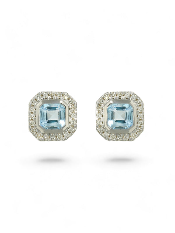 Blue Topaz & Diamond Cushion Stud Earrings in 9ct White Gold