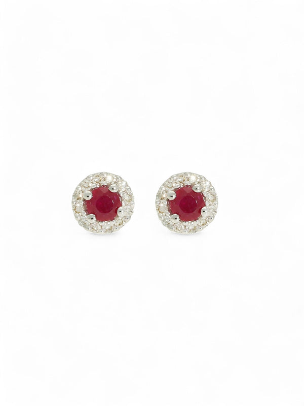 Ruby & Diamond Round Halo Stud Earrings in 9ct White Gold