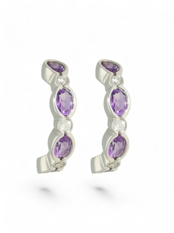 Amethyst & Diamond Curved Half Hoop Earrings in 9ct White Gold