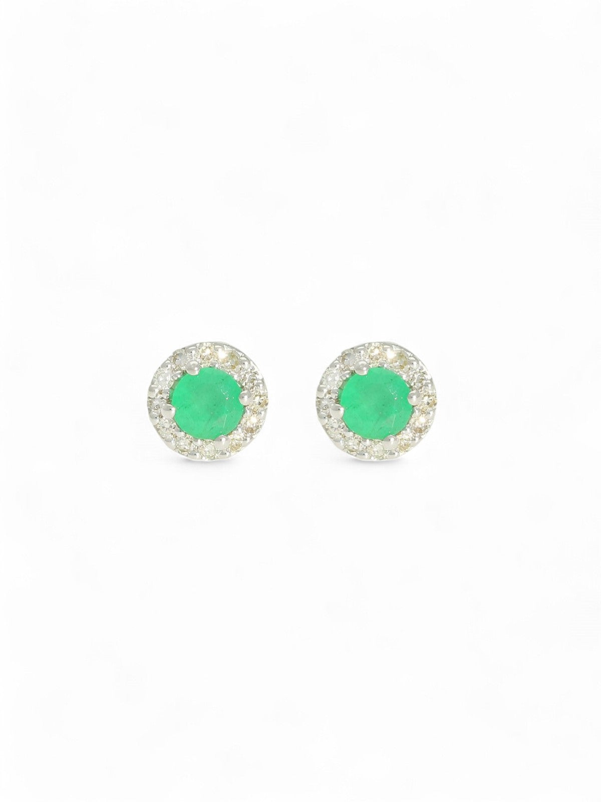 Emerald & Diamond Round Halo Stud Earrings in 9ct White Gold