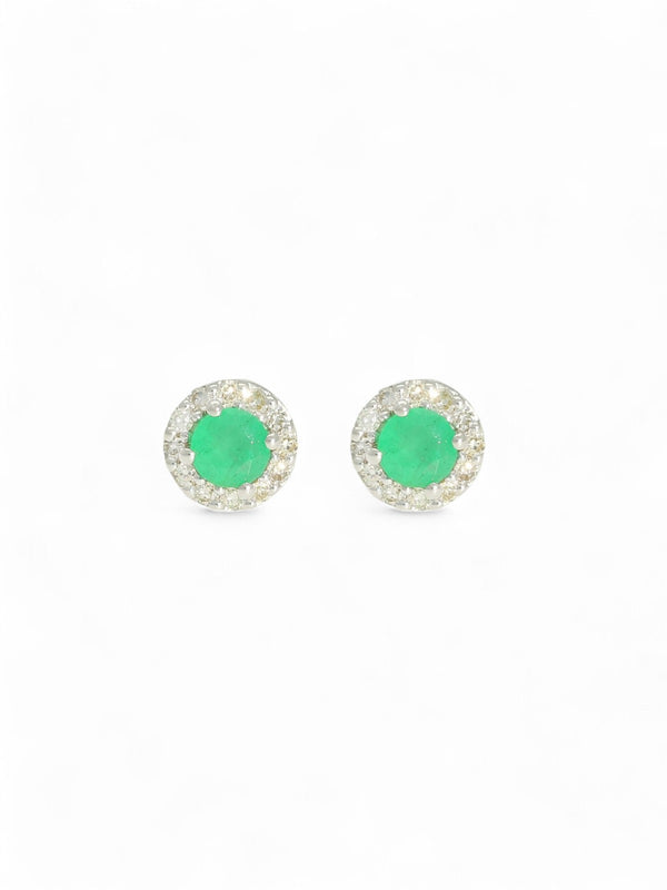 Emerald & Diamond Round Halo Stud Earrings in 9ct White Gold