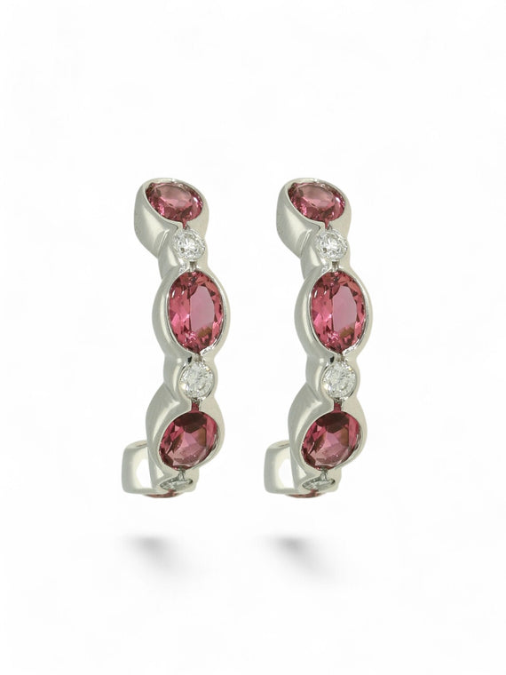 Pink Tourmaline & Diamond Curved Half Hoop Earrings in 9ct White Gold