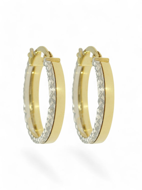 Polished Diamond Cut Hoop Earrings 15mm in 9ct Yellow & White Gold