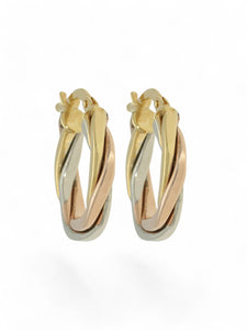 Twisted Three-Tone Hoop Earrings 15mm in 9ct Yellow, White & Rose Gold