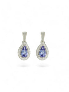 Tanzanite & Diamond Pear Claw Set Halo Drop Earrings in 9ct White Gold