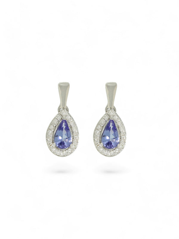 Tanzanite & Diamond Pear Claw Set Halo Drop Earrings in 9ct White Gold