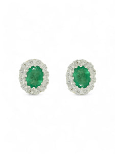 Emerald & Diamond Oval Cluster Stud Earrings in 9ct Yellow & White Gold