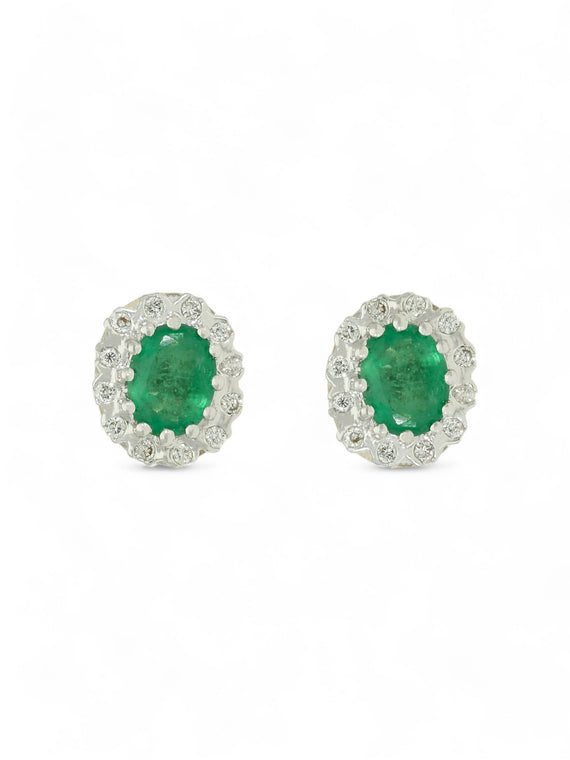 Emerald & Diamond Oval Cluster Stud Earrings in 9ct Yellow & White Gold