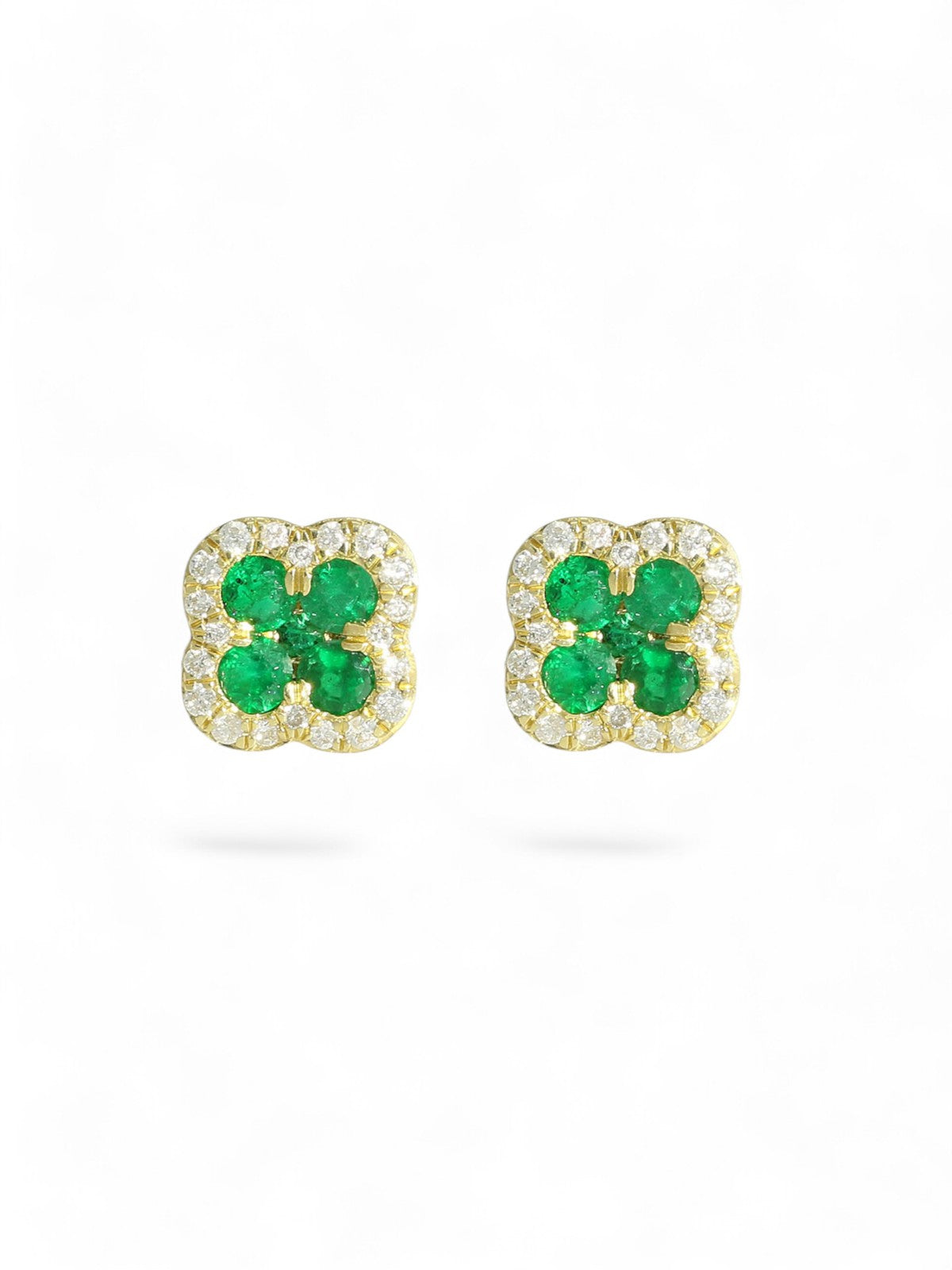 Emerald & Diamond Flower Cluster Stud Earrings in 18ct Yellow Gold