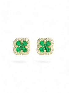 Emerald & Diamond Flower Cluster Stud Earrings in 18ct Yellow Gold