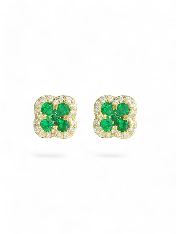 Emerald & Diamond Flower Cluster Stud Earrings in 18ct Yellow Gold