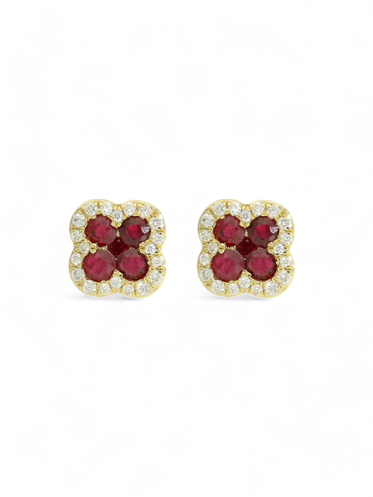 Ruby & Diamond Flower Halo Stud Earrings in 18ct Yellow Gold